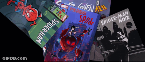 A Collection Of Spider-Man Comic Books Including Spider-Man Noir And Into The Spider-Verse GIF
