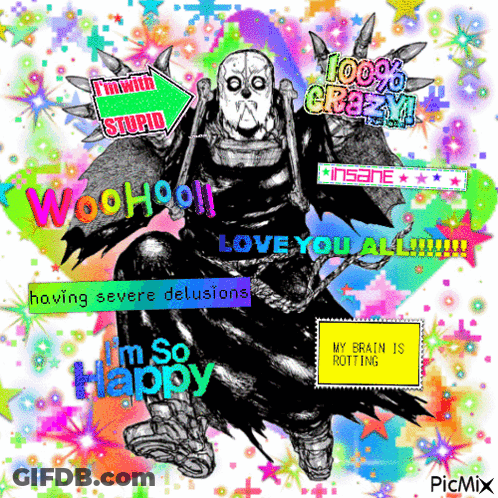 A Colorful Background With A Picture Of A Monster And The Words I 'M So Happy GIF