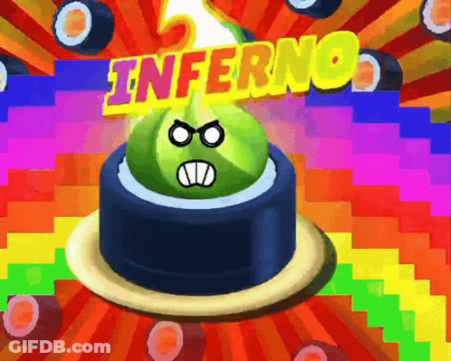 A Colorful Background With The Word Inferno And A Green Ball With An Angry Face GIF