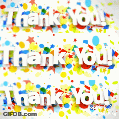 A Colorful Background With The Words Thank You In White Letters GIF