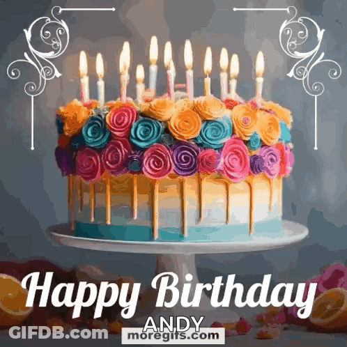 A Colorful Birthday Cake With Candles And Flowers On A Cake Stand . GIF