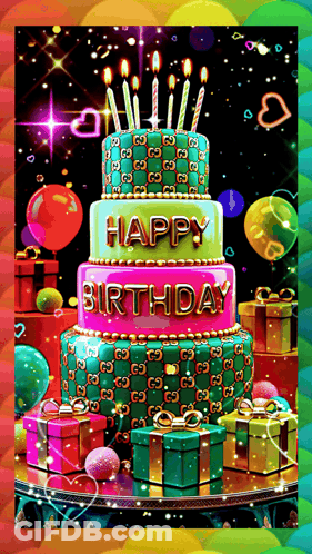 A Colorful Birthday Cake With Candles That Says Happy Birthday GIF