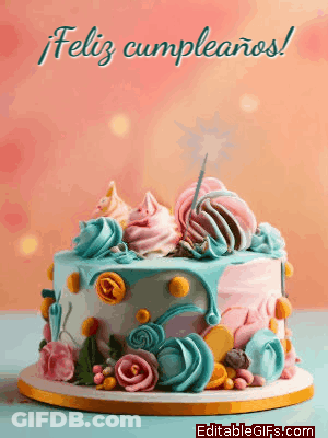 A Colorful Birthday Cake With The Words Feliz Cumpleanos Written On The Bottom GIF
