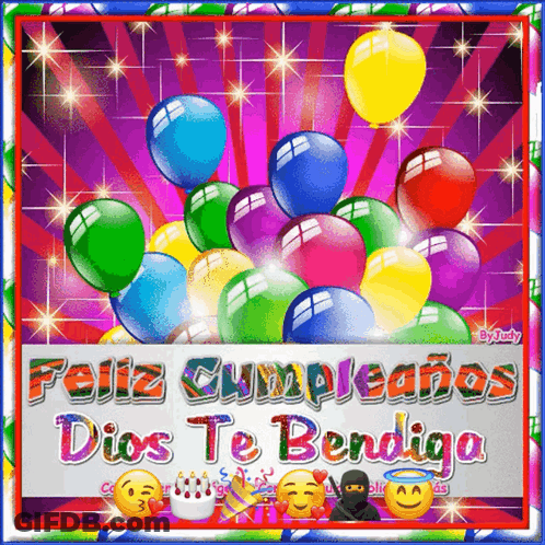 A Colorful Birthday Card With Balloons And The Words Feliz Cumpleanos Dios Te Bendiga GIF
