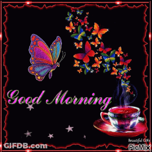 A Colorful Butterfly Is Flying Over A Cup Of Coffee GIF
