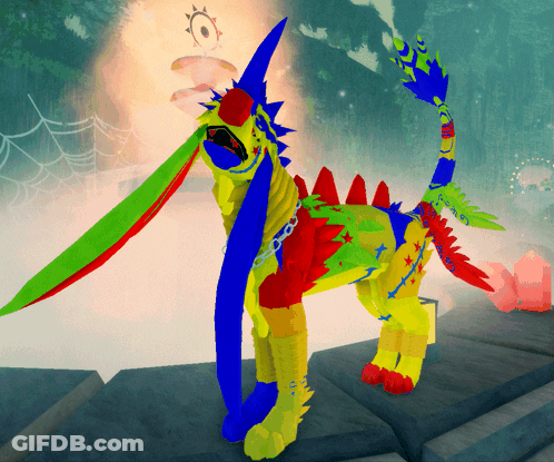 A Colorful Cartoon Character With A Blue Tail GIF