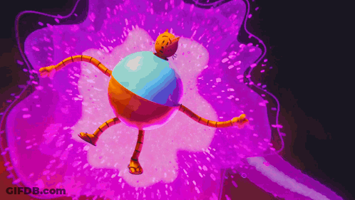 A Colorful Cartoon Character With Arms And Legs Is Floating In A Purple Space GIF