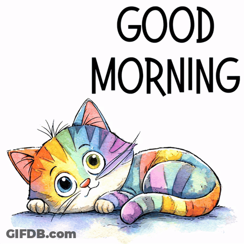 A Colorful Cat Is Laying Down With The Words " Good Morning " Behind It GIF
