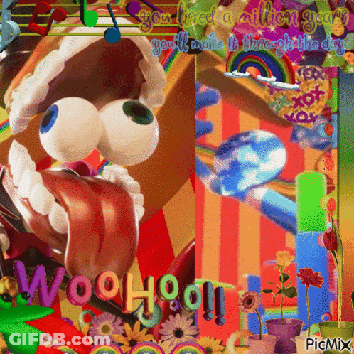 A Colorful Collage With The Words Woohoo On The Bottom Right GIF