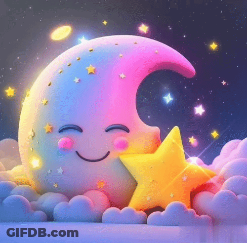 A Colorful Crescent Moon With A Smiling Face Is Hugging A Yellow Star In The Night Sky . GIF