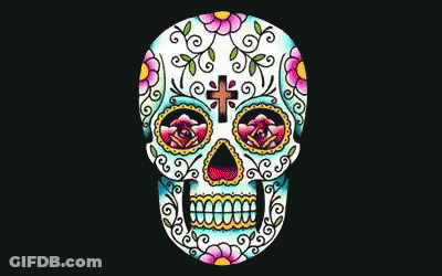 A Colorful Day Of The Dead Skull With Swirls And Flowers GIF