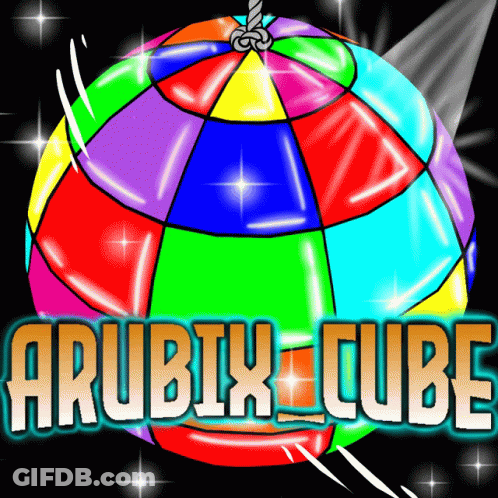 A Colorful Disco Ball With The Words Arubix Cube Written On It GIF