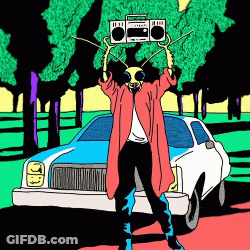 A Colorful Drawing Of A Bug Holding A Boombox Over His Head In Front Of A Car GIF