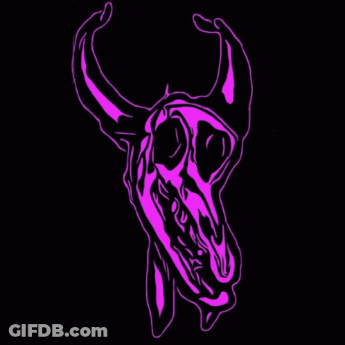 A Colorful Drawing Of A Bull 'S Skull With Horns On A Black Background GIF