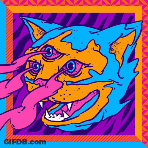 A Colorful Drawing Of A Cat Sticking Out Its Tongue GIF