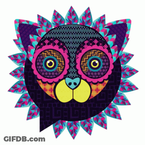 A Colorful Drawing Of A Cat With A Floral Pattern On It 'S Face GIF
