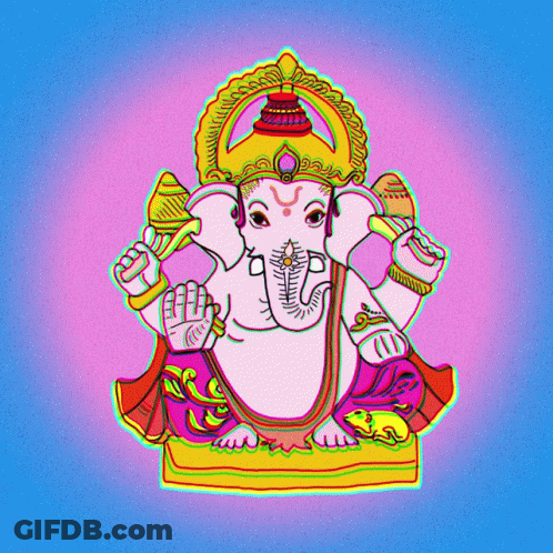 A Colorful Drawing Of A Deity With A Crown On His Head GIF
