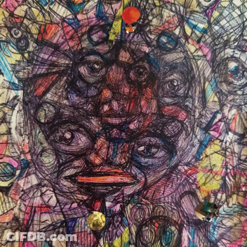 A Colorful Drawing Of A Face With Many Eyes And A Yellow Circle In The Middle GIF