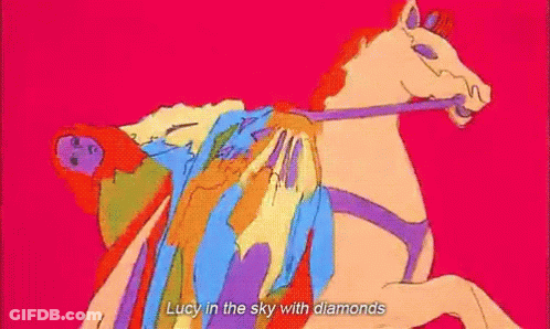 A Colorful Drawing Of A Horse With The Words Lucy In The Sky With Diamonds Below It GIF