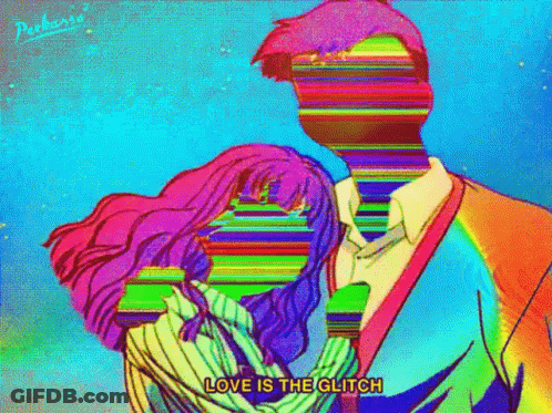 A Colorful Drawing Of A Man And Woman With The Words Love Is The Glitch GIF