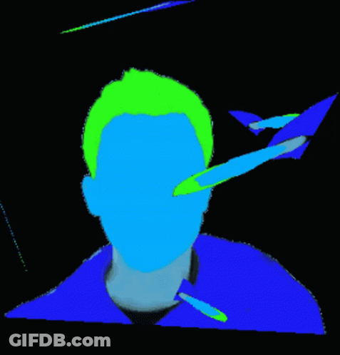 A Colorful Drawing Of A Man 'S Face With A Blue Shirt And Green Hair GIF
