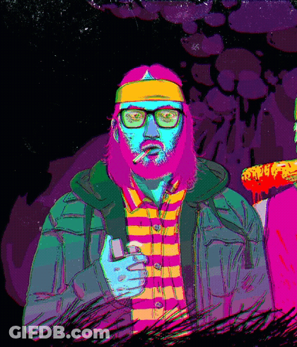 A Colorful Drawing Of A Man With A Beard And Glasses Smoking A Cigarette GIF