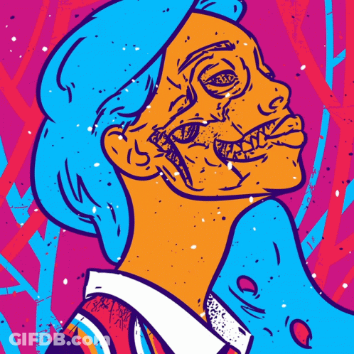 A Colorful Drawing Of A Man With A Skeleton In His Face GIF
