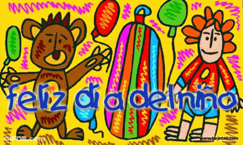 A Colorful Drawing Of A Monkey And A Flower With The Words Feliz Dia Del Nino GIF