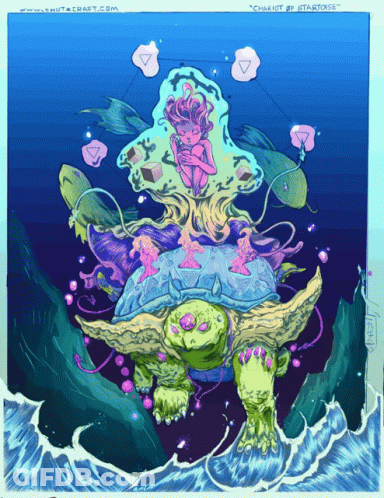 A Colorful Drawing Of A Turtle And A Girl With The Words " Chillout By @Startose " On The Bottom GIF