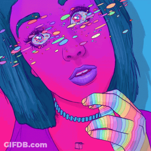 A Colorful Drawing Of A Woman 'S Face With A Rainbow Glove On Her Hand GIF