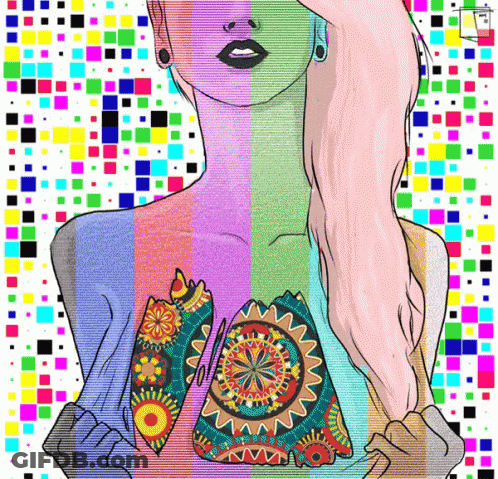 A Colorful Drawing Of A Woman With A Colorful Purse On Her Chest GIF