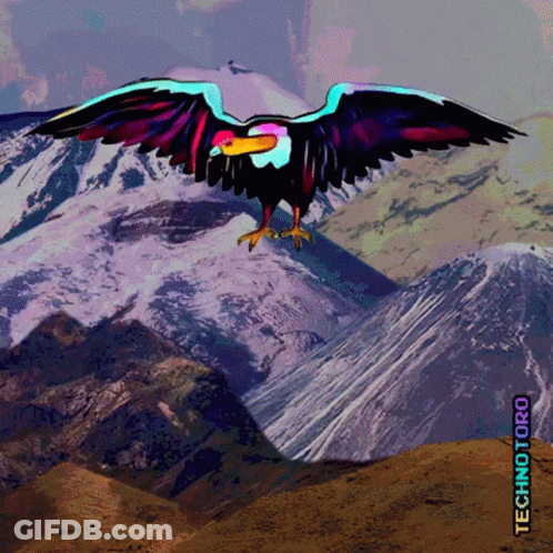 A Colorful Eagle Is Flying Over A Snowy Mountain With The Words Techno Turbo Visible GIF