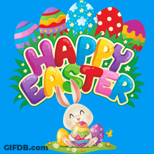 A Colorful Easter Greeting Card With A Bunny And Eggs GIF