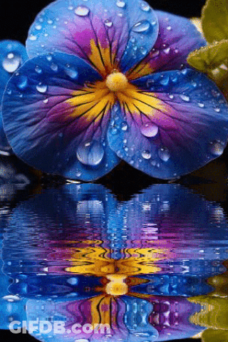 A Colorful Flower With Water Drops On It Is Reflected In The Water GIF