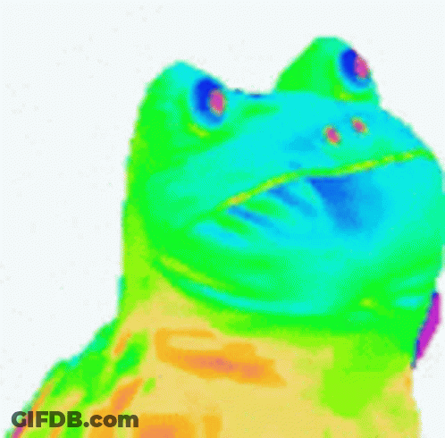A Colorful Frog Is Sitting On A White Surface . GIF