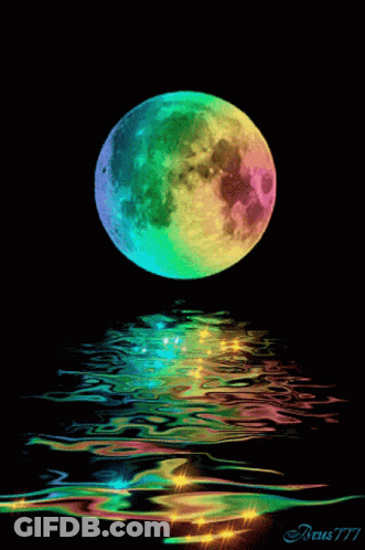 A Colorful Full Moon Is Reflected In The Water With The Name Beus777 At The Bottom GIF