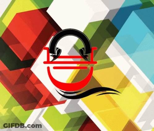 A Colorful Geometric Background With A Red And Black Letter E GIF