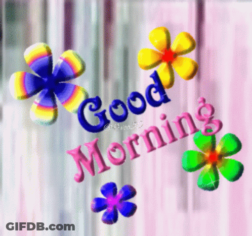 A Colorful Good Morning Greeting Card With Flowers On A Pink Background GIF