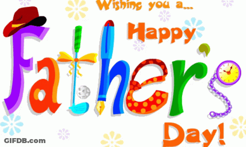 A Colorful Greeting Card For Father 'S Day With A Hat And A Clock GIF