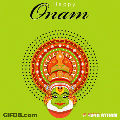 A Colorful Greeting Card For Onam With A Green Face On A Green Background GIF