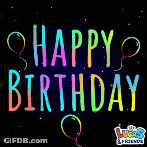 A Colorful Happy Birthday Sign With Balloons And Lucas & Friends Logo GIF