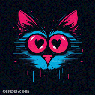 A Colorful Illustration Of A Cat With Red Eyes GIF