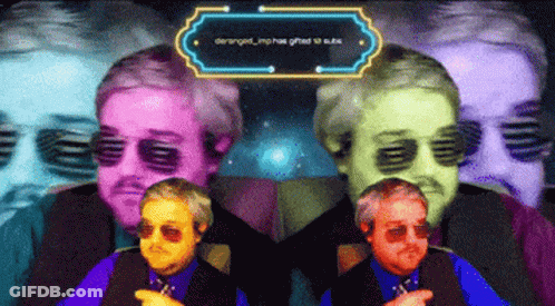 A Colorful Image Of A Man With Sunglasses And A Sign That Says Deranged GIF