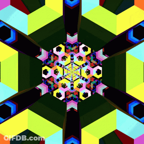 A Colorful Kaleidoscope Of Geometric Shapes With A Black Center GIF