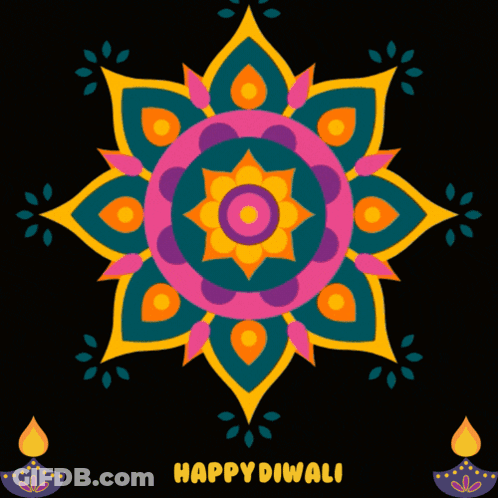 A Colorful Mandala With The Words Happy Diwali Written On It GIF