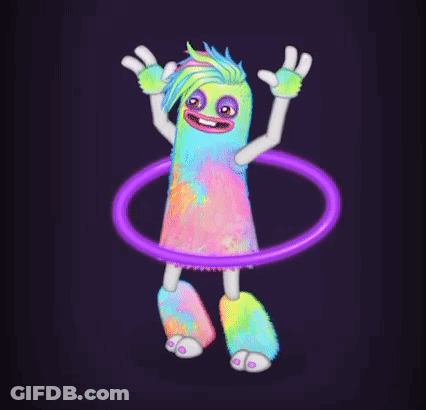 A Colorful Monster Is Holding A Purple Hula Hoop Around Its Waist . GIF