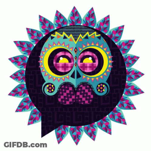 A Colorful Owl With Pink Eyes And A Mustache GIF