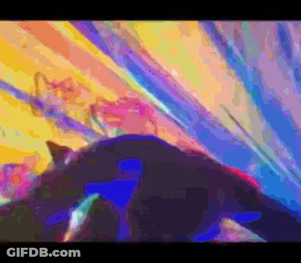 A Colorful Painting Of A Cat Laying On The Ground GIF