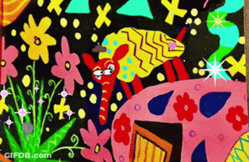 A Colorful Painting Of A Cat Surrounded By Flowers And Geometric Shapes GIF