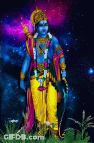 A Colorful Painting Of A Deity With A Bow And Arrow Standing In A Field . GIF